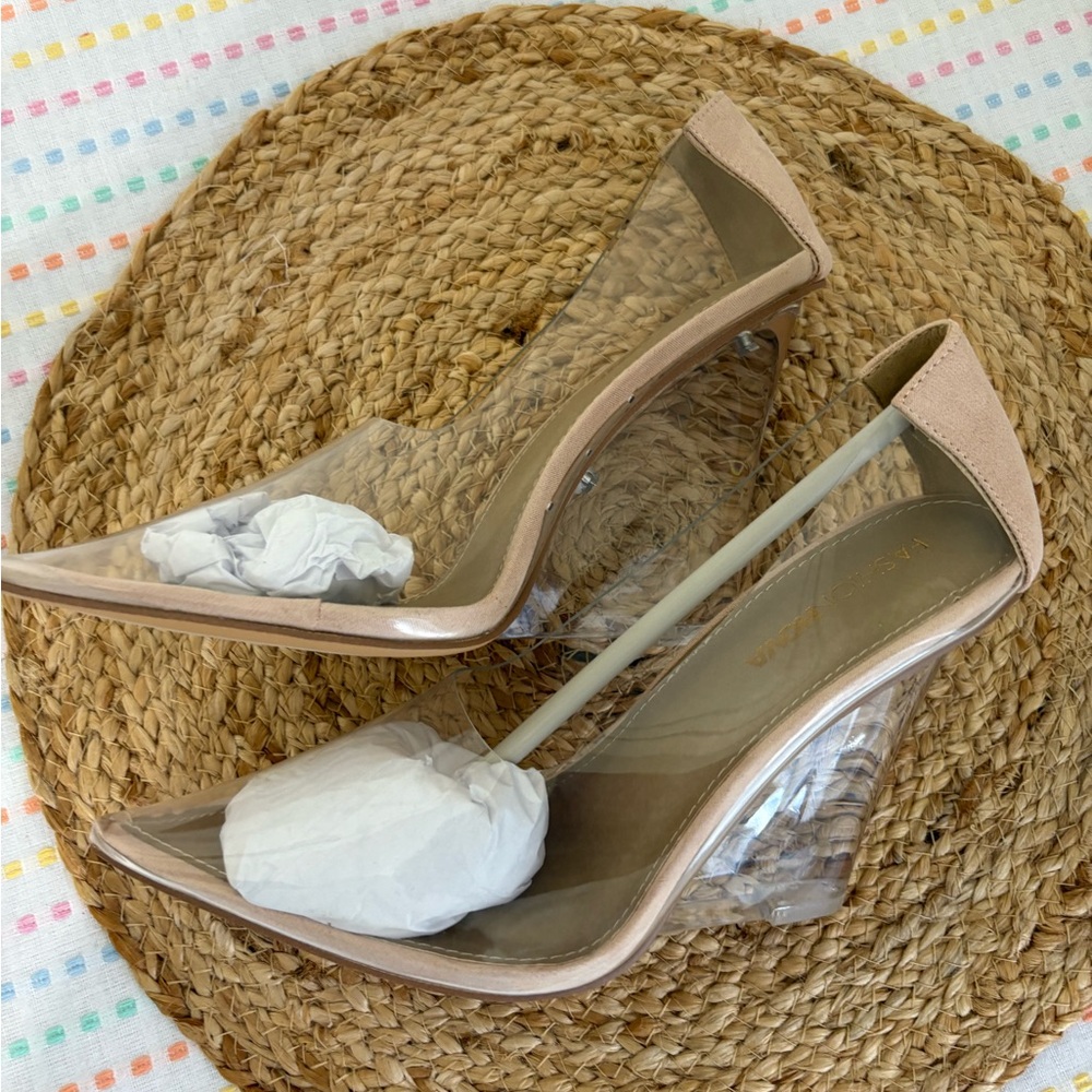 Fashion Nova Clear and Tan Wedge Heels